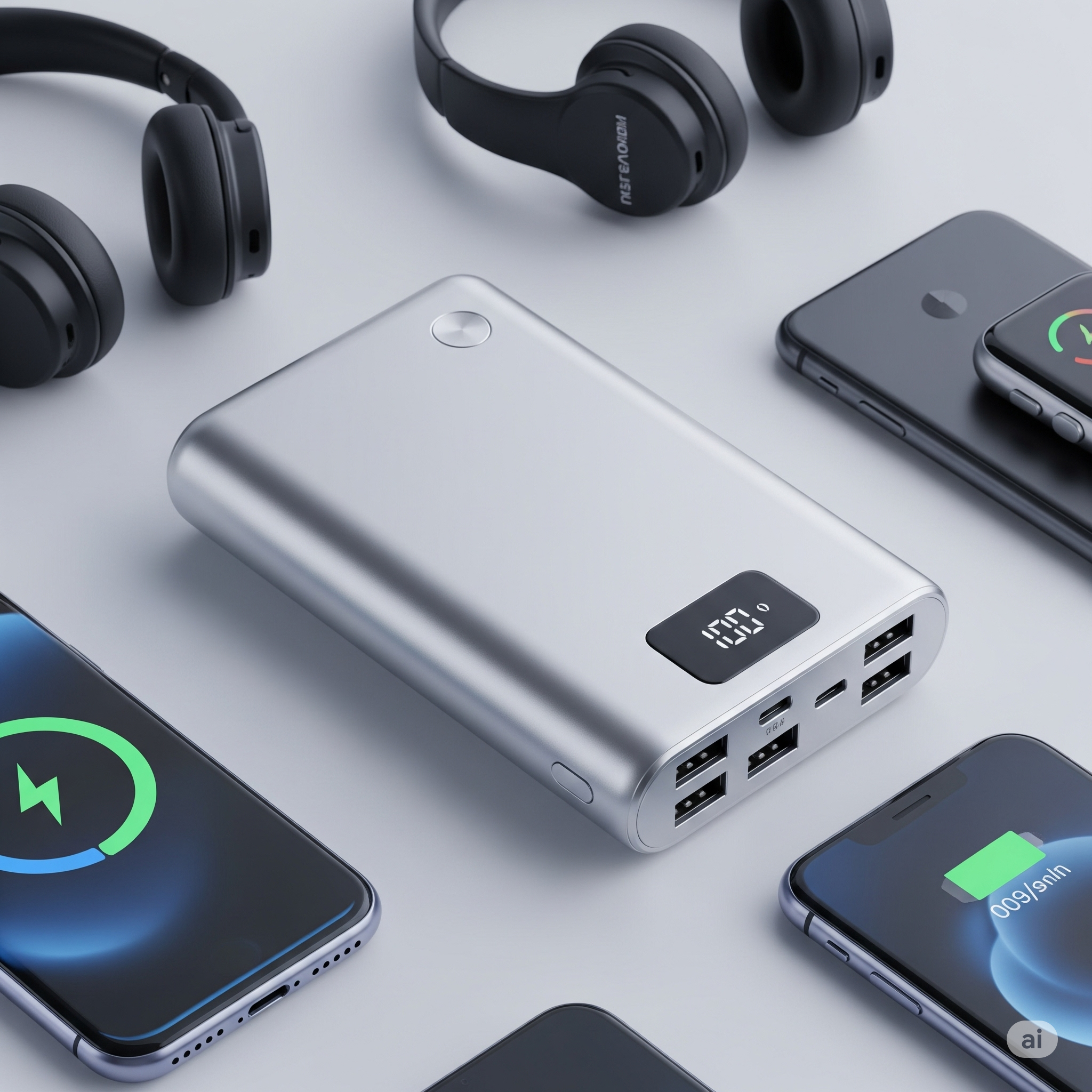 Ilustrasi berbagai model powerbank modern dengan fitur fast charging