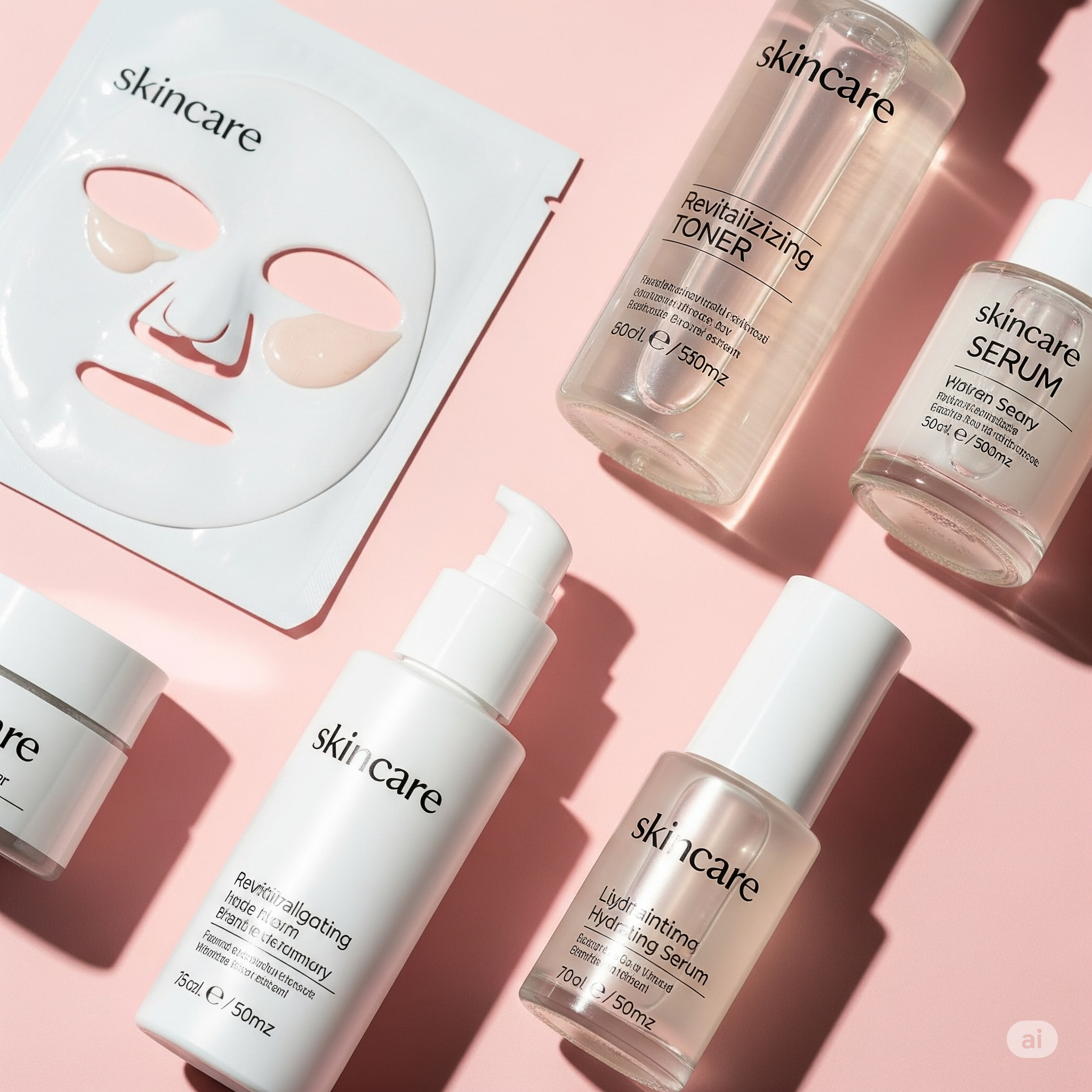 Rangkaian produk Skincare seperti serum, sunscreen, dan toner dalam kemasan